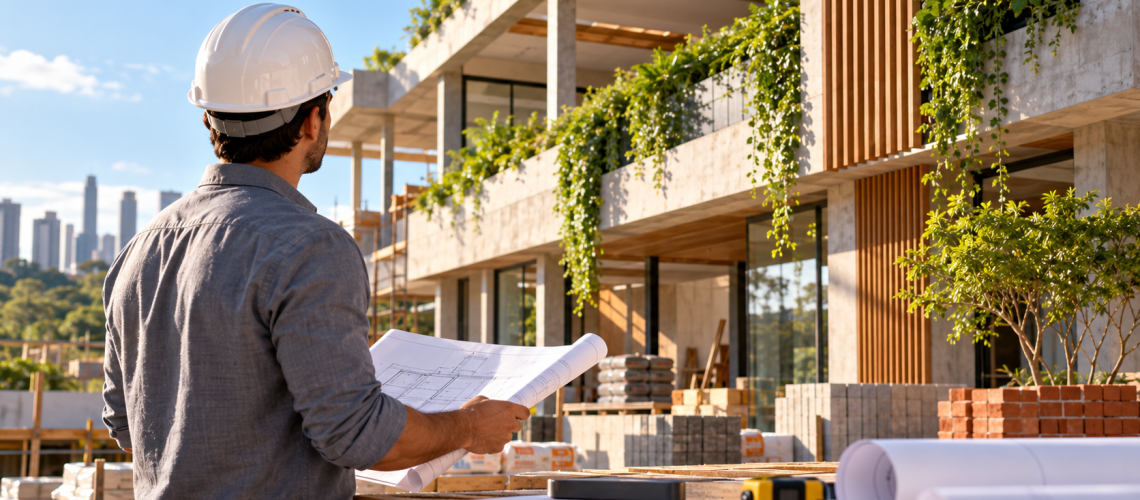 Arquiteto inspeciona construção sustentável